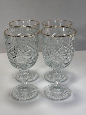 Libbey Hobstar Star Of David Water Wine Goblets Elegant Gold Rim Vintage 70s